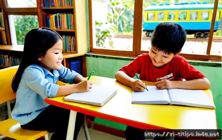 Home 30 띠띠뽀 팬픽 창작 대회 - Photorealistic Vietnamese elementary school children at a bright library table in Hanoi, eagerly wri...