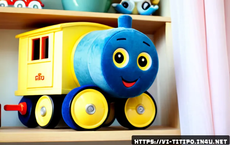 Home 17 띠띠뽀 인형 장난감 - Photorealistic product scene of a cheerful colorful train-character plush toy with a rounded blue en...
