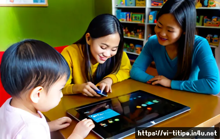 Home 31 띠띠뽀 관련 포럼 및 커뮤니티 - Photorealistic Vietnamese parents gathered in a bright modern community library, warmly discussing c...