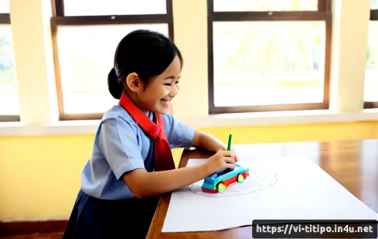 Home 17 띠띠뽀 팬아트 공모전 - Photorealistic Vietnamese elementary school art contest scene, a cheerful child in a neat school uni...